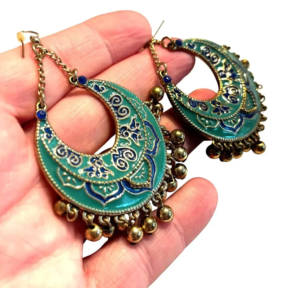 Vintage pierced earrings Boho Moroccan ornate drop dangle hoops green blue gold